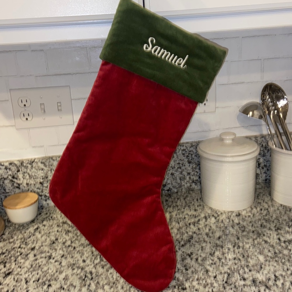 Pottery Barn Classic Velvet Stocking - Sz L - Personalized with “Samuel”.